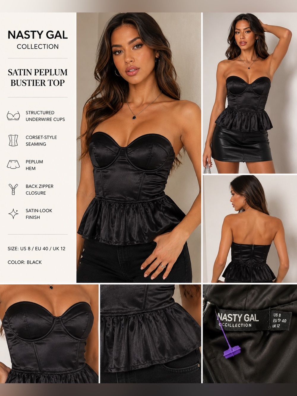 Nasty Gal Collection Black Satin Peplum Bustier Corset Top Size US 8 EU 40